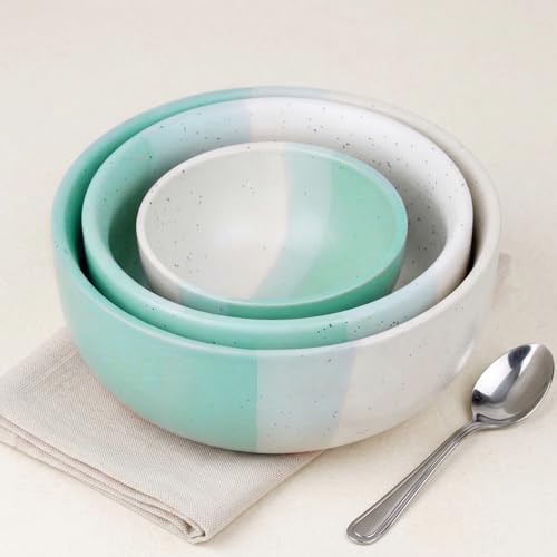 Image of The Earth Store Tritone Green Ceramic Serving Bowl Set of 3 - 800ML, 500ML, 150ML Microwave Safe Bowl, Elegant Serving Bowl | Ceramic Bowl Set of 3 for Home | Restaurants | Gifting