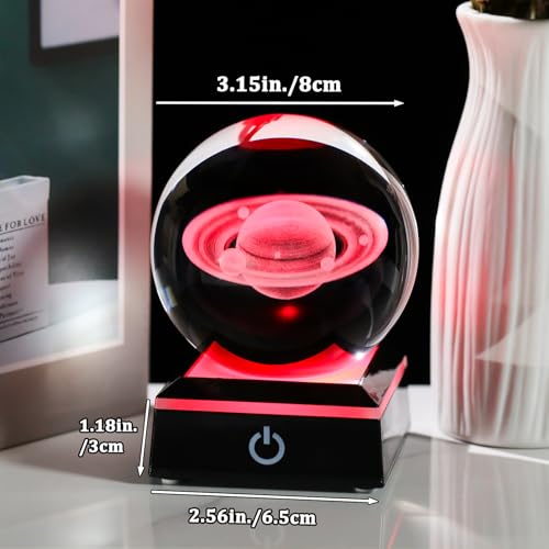 Image of Arikyrist 3D Saturn Crystal Ball Figurine with LED Base, Laser Engraved Glass Planet Model Sphere Gifts for Home Office Decor, Saturn Planet Model Space Universe Gifts for Astronomy Lovers (80mm)