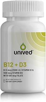 Unived Vegan B12 + D3, B12 (1500mcg Methylcobalamin), D3 (2500IU, Lichen), B9 (500mcg 5-MTHF) & Moringa, Immune Bone & Heart, Energy & Metabolism, 60c