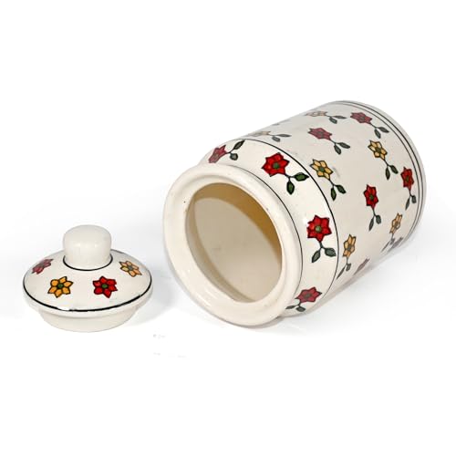 Image of Ceramic Pickle Jars For Storage Achar Chini Mati Barni Jars Jadi Jadilu Pots Containers For Storing Salt, Tamarind Kitchen Storage With Lid, 850ML NON AIRTIGHT, Multicolour Floral Design