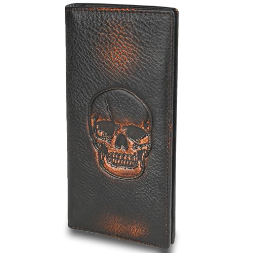 Image of DK86 Skull Long Wallet For Men Full Grain Leather with Hand Burnished Rfid Blocking Rodeo Wallet Bifold Wallet Skull Wallet B