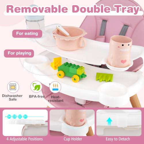 Image of BABY JOY 6 in 1 High Chair, Convertible High Chairs for Babies and Toddlers /Booster Seat /Table and Chair Set, Infant Wooden Highchair w / 5-Point Harness, 4-Position Removable Tray & PU Cushion (Pink)