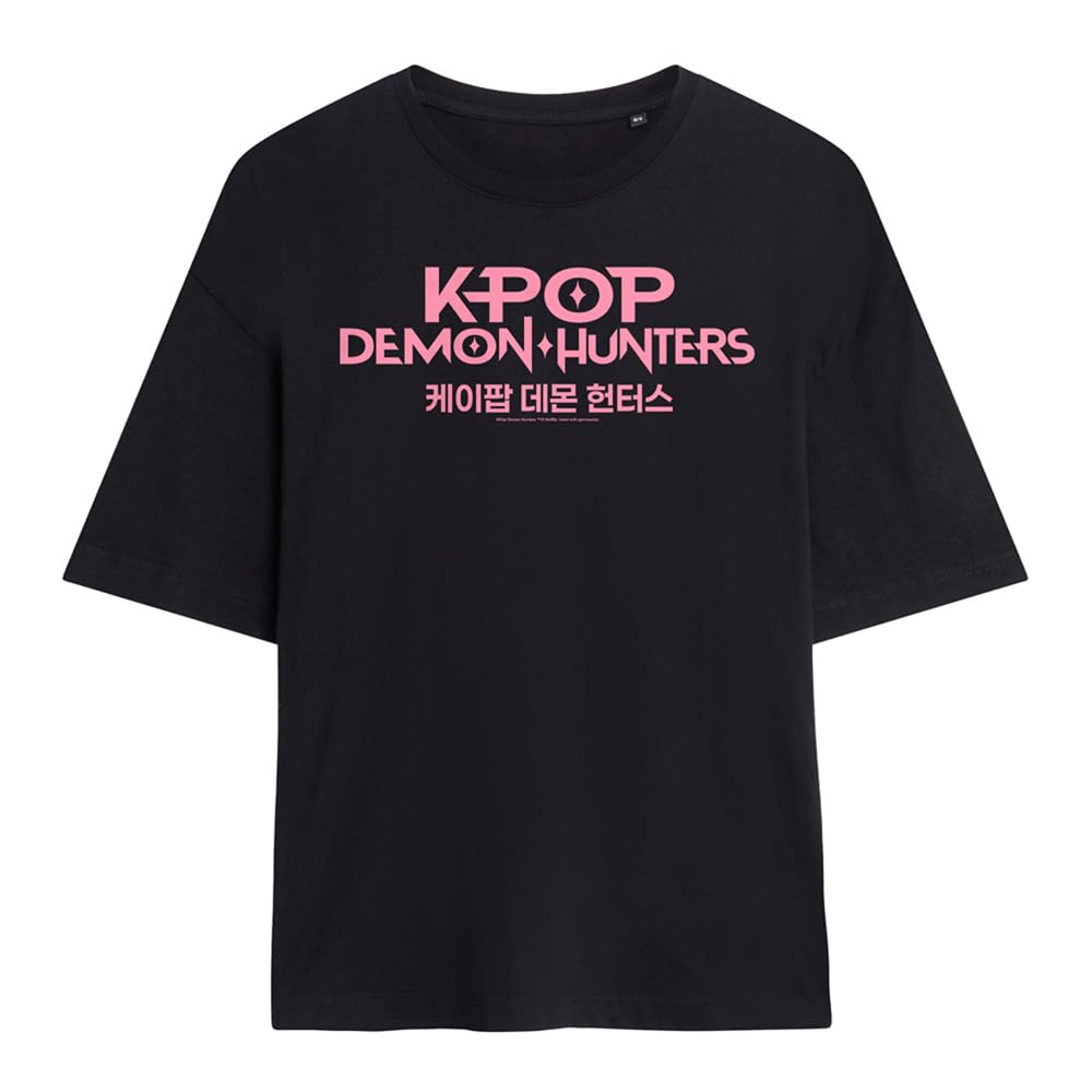 Kpop Demon Hunters Pink Logo Ladies Oversized T Shirt, Black, XX-Large