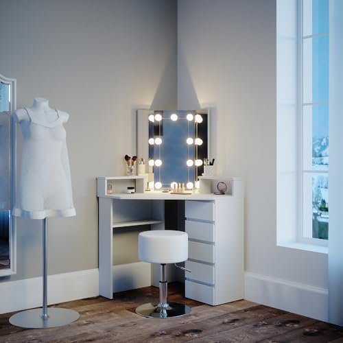 Vicco Tocador de Esquina Tilda, Blanco, 113.3 cm con iluminación LED y Taburete