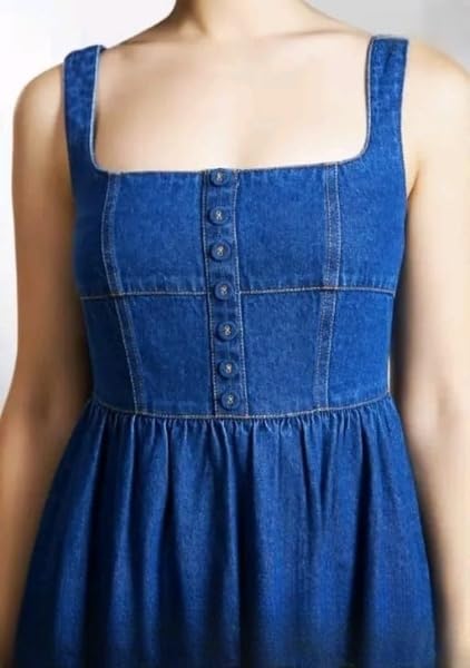 Image of Women Denim Fit and Flare Knee Length Dress Off Shoulder Neck Sleeveless Solid Dreesh 2