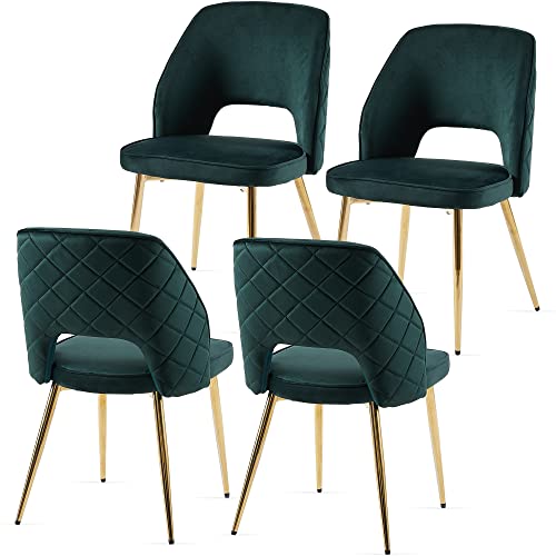 NORDICANA Modern Dining Chair Set of 4, Forest Green Velvet Fabric Upholstered Accent Chairs with Golden Metal Legs, Round Back Side Chairs for Kitchen Living Room Bedroom