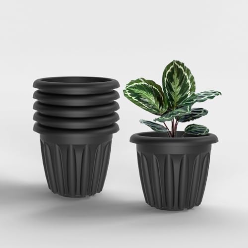 Image of YUCCABE ITALIA SHERA Floot Plastic Flower Pot Round Planter Suitable for Indoor Outdoor Kitchen Garden (Grey, 8 INCH - 6 Pcs)
