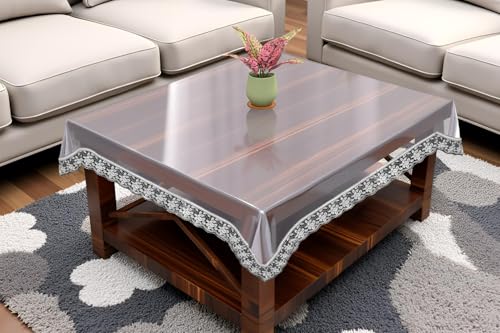 Image of The Furnishing Tree Square Shaped Center Transparent Table Cover WxL 48x48 inches 0.25 mm Thickness with Silver Lace