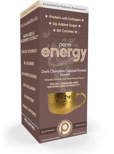 Image of Perk Energy Drink Mix (Dark Chocolate Salted Carmel Pretzel) 10 Stick Packs | Caffeinated Healthy Coffee Alternative with Protein, 100mg of Caffeine, Gluten-Free, Soy-Free, Peanut-Free