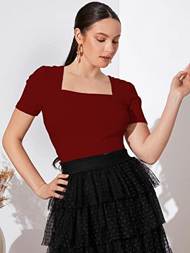 Image of Shasmi Women Polycotton Regular Fit Solid Knitted Square Neck T-Shirts Short Puff Sleeve Tops (TOP 52)