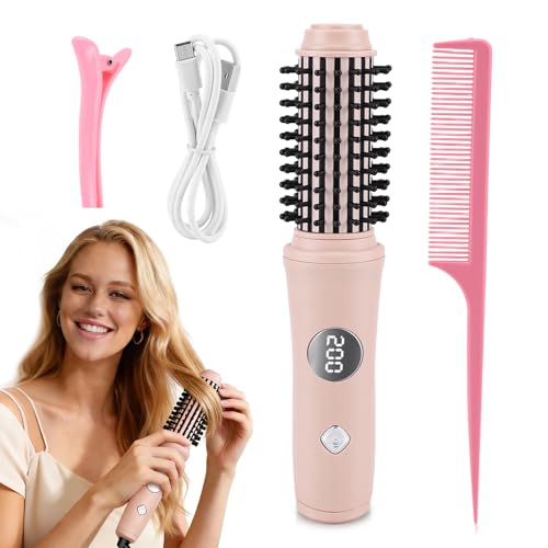 Cordless Curling Iron Brush for All Hairs, Hot Hair Comb for Travel, USB Recharged Ceramic Curling Wand, Electric Heated Round Brush with 10 Temp, Mini Dual Straightener Tools for Short Long Hairs