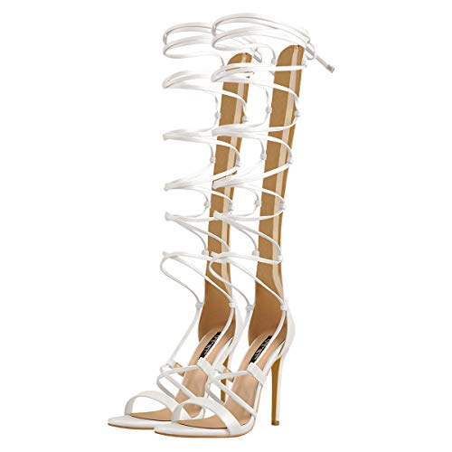 Image of LISHAN Womens Gladiator Knee High Sandals Open Toe Lace Up Criss Cross Strappy Stiletto Heels