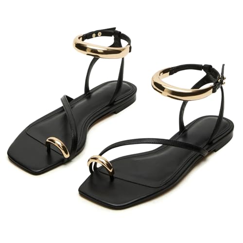 Yishaweiqi Metal Ankle Strap Flat Sandals for Women Toe Ring Strappy Slip On Sandals Open Square Toe Beach Sandals