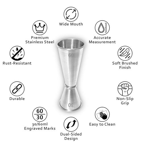 Image of Lamina Set of 1 Stainless Steel Japanese Peg Measure (30 /60 ml, Silver) Double-Sided Cocktail Jigger for Home, Kitchen, Hotels & Professional Bartenders - Drink Measuring Bar Tool (with Box).