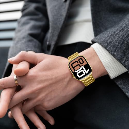 Image of Anlinser Metal Bands Compatible with Apple Watch Band 42mm 41mm 40mm 38mm for Women Men, Stainless Steel Business Strap for iWatch SE Series 11 10 9 8 7 6-1 (Gold)