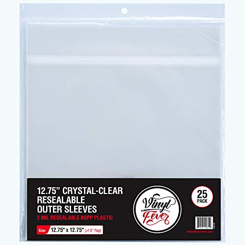 (25) Vinyl Fever Resealable Crystal Clear BOPP Outer Record Sleeves with Flap for Records, Vinyl Albums, and Album Cover - 12.75" x 12.75" with 1.5 Inch Flap for Your Vinyl Storage Solutions