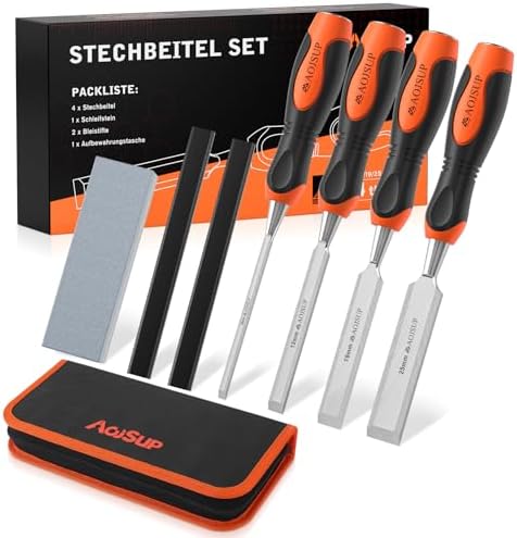Juego de Cinceles Para Madera, Incl. Bolsa - 4 Piezas Formones Para Madera (6mm, 12mm, 19mm, 25mm) - Juego de Cinceles con Lápiz de Carpintero, Piedra de Afilar