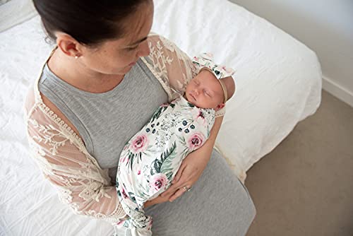 Image of Newborn Floral Print Blanket Baby Stretch Wrap Swaddle Receiving Blanket with Matching Headband and Name Card (Red and Green)