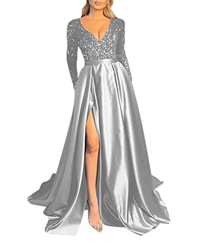 Prom Dresses Sequin V-Neck Long Sleeve Satin Floor-Length Formal Evening Party Gowns with Slit
