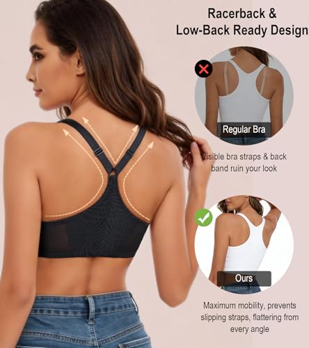 Image of HACI Women's Front Closure Bra Underwire Unpadded T-Back Plus Size Lacy Full Coverage Racerback T-Shirt Unlined