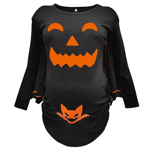 Maternity Outfits Women Costumes Pregnancy Announce Tops Halloween Bat Wings Dress Long Sleeve Cold Shoulder T-Shirt, Black, M