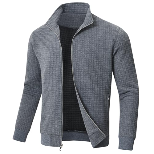 Huayuzh Jacke Herren übergangsjacke Winter Karierten Jacquard Alltag Freizeit Leicht Jacken mit Reißverschlusstasche Dunkelgrau L