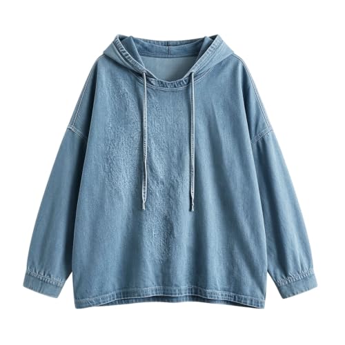 Women'S Denim Hoodie Drawstring Pullover Sweatshirt Jean Jacket Vintage - image 4