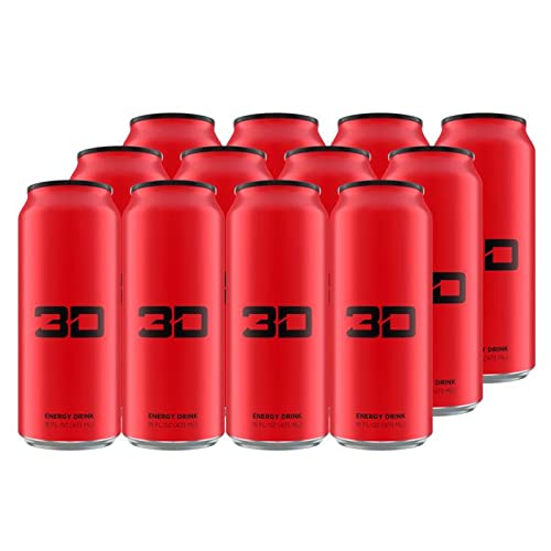 3D Sugar-Free Energy Drink, Pre-Workout Performance, Red, 16 oz Cans (Pack of 12)