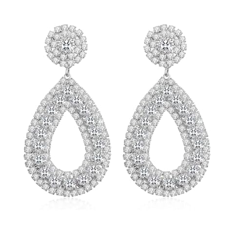 ATIMIGO Rhinestone Silver Teardrop Dangle Statement Earrings Trendy Geometric Drop CZ Earrings Hypoallergenic Jewelry for Women Cover