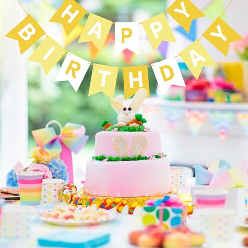 Image of Hooqict Happy Birthday Banner Yellow Birthday Decorations for Kids Girls Women Birthday Tea Party Decorations Yellow Party Banner Garland Sign Bunting Flag Wall Porch Door Hanging Decor