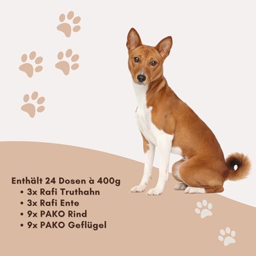 Dolina Noteci Rafi & PAKO Mixbox Nassfutter für Hunde | 24x400g | Sorten mit Truthahn, Ente, Rind & Geflügel | Hoher Fleischanteil & Proteinreich | 9,6 kg