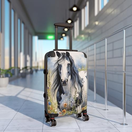 Hardside Suitcase with Horse Painting Print, Telescopic Handle, Removable Lining, Carry-On, Medium, and Large with Extension (Black & White Horse, Small (Carry-On))2