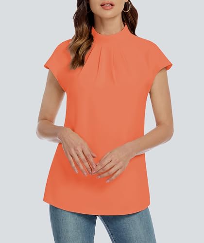 Image of Funlingo Womens Summer Tops Mock Neck Short Cap Sleeve Blouses Business Casual Work Chiffon Shirts Front Pleated Tunic Top