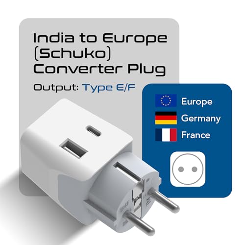Image of Ceptics Travel Adapter India to European Plug Adapter, 3 in 1 Plug Adapter, Germany, France Schuko Adapter with 1 USB, 1 USB-C, Type E /F Europe Travel Adapter for Laptops, Phones, CE - RoHS, White 1pc