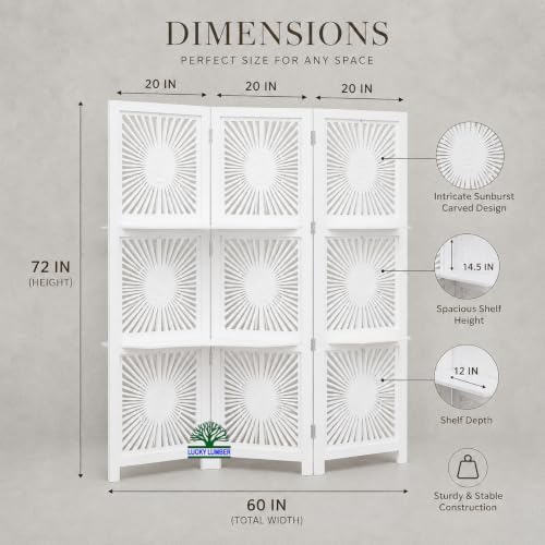 Image of 3 Panel Wooden Room Divider Partition with Shelves, Folding Privacy Screen for Living Room & Bedroom, Decorative Jali Design, 60 x 72 Inch, Sun White with Shelves