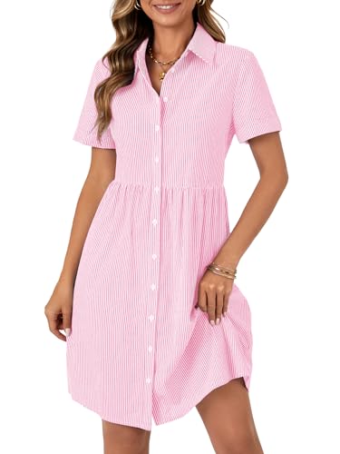 Image of Rooscier Women's Striped Shirt Dress Button Down Collared Short Sleeve Mini Dress