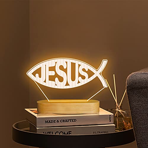 Image of Attivolife Jesus Fish Shape 3D Night Light, LED Wooden Illusion Optical Warm Color Table Lamp, Best Room Decoration Birthday Christmas Religious Christian Mothers Day Gifts for Women Man Friend