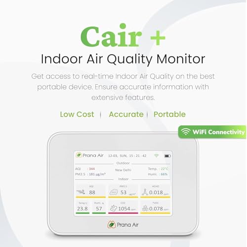Image of Prana Air Cair+ Indoor Air Quality Monitor for Home, Office or School [AQI, PM2.5, PM10, CO2, TVOC, HCHO, Temperature, Humidity] Portable, WiFi + Mobile & TV App Enabled