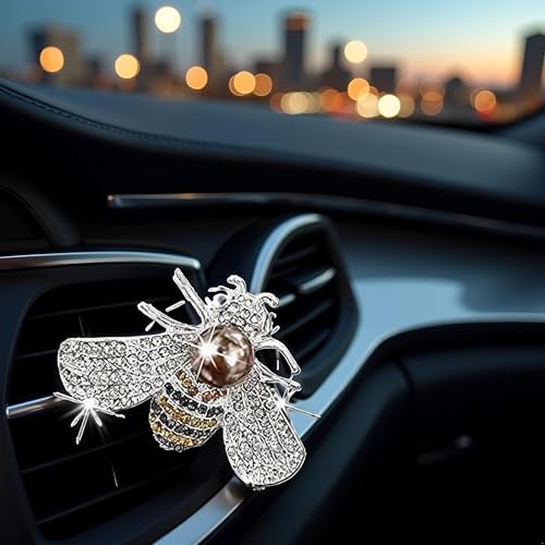 Image of Silver Shiny Bee Vent Clips, Crystal Bee Car Air Freshener Vent Clip Car Bling Interior Decoration Rhinestone Cars Bling Accessories Aroma Diffusers