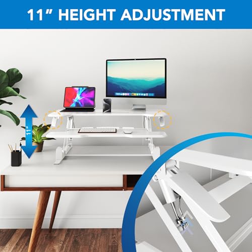 Image of Mount-It! Standing Desk Converter White 38 inch Wide Height Adjustable Stand Up Desk Riser, Desk Topper with Gas Spring, Desktop Standing Desk with Keyboard Tray Fits Two Monitors