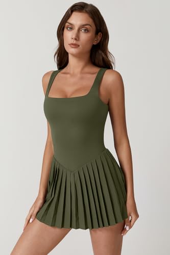 Image of QINSEN Womens Square Neck Tennis Dress Pleated Sleeveless Built in Shorts Golf Athletic Dress with Pockets