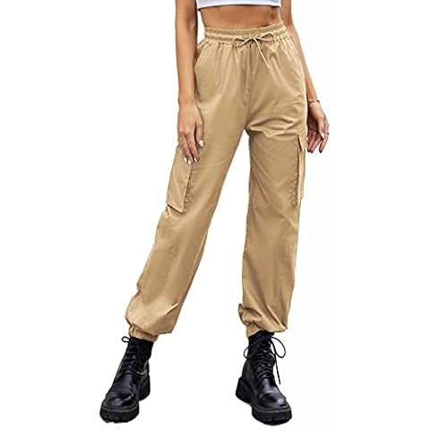 guyueqiqin Women's Drawstring Cargo Jogger Pants Casual High Waist Workout Trousers with Pockets(Khaki,XL) Cover