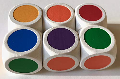 Farbenwürfel / Farbpunktewürfel / Farbwürfel aus Holz, extra groß (20 mm), Würfel für kleine Kinder, Senioren und XL-Spiele. Made in Germany. (6 Würfel, Rot, Gelb, Blau, Grün, Orange, Lila) Cover