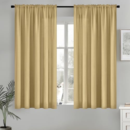 Image of MIULEE Gold Semi Sheer Privacy Curtains Drapes 2 Panels 52W x 63L