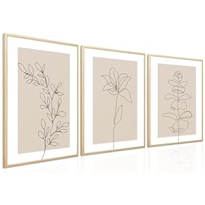 Neutral Botanical Poster Wall Art Set of 3 Flower Minimalist Abstract Botanical Painting Prints Beige Leaf Plant Wall Decor Boho Floral Canvas Line Artwork for Bathroom Bedroom,Living Room 12×16