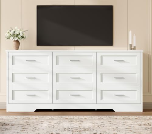 Image of TEENFON 57.1 inchW White Dresser for Bedroom, Modern 9 Drawer Dresser with Metal Handles, Wood Dressers & Chest of Drawers, Wooden Closet Clothes Storage Organizer for Bedroom, Living Room, Hallway, White