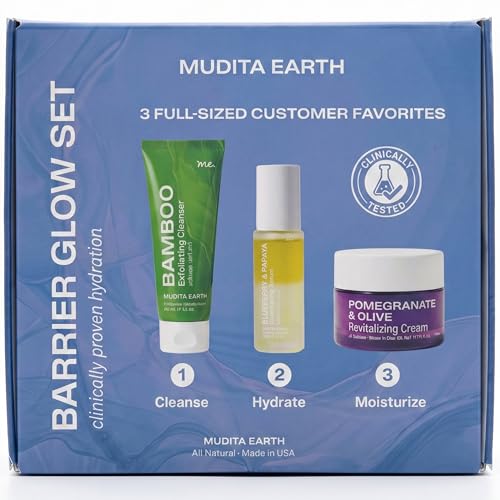 Mudita Earth 3-Step Skincare Bundle – Bamboo Exfoliating Scrub, Hyaluronic Acid + Vitamin B5 Serum & Squalane Face Cream | Dermatologist-Tested Set for Acne, Dry, Sensitive & Aging Skin, Clean Beauty