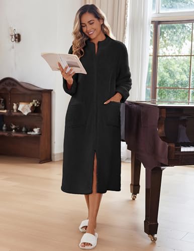 Image of Ekouaer Women Zipper Robe Fleece Long Sleeves Bathrobe Sleepwear Warm Soft Housecoat with Pockets Zip Up House Dresses