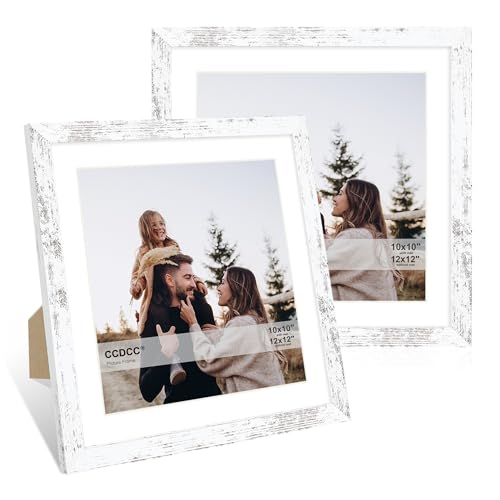 ccdcc 12x12 Picture Frame Set of 2 12 x 12 Wood Photo Frames with Mat for 10x10 or 30x30cm Diamond Art Painting Wooden Frame with Real Glass Cover for Wall and Tabletop Display Distressed White