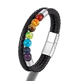 BDEOTOIAM Natürliche 7 Chakra Perle Stein Armbänder Classic Echtes Leder Edelstahl Armreifen Mandala Yoga Meditation Männer Frauen Armband (Farbe : 19cm, Größe : L663)